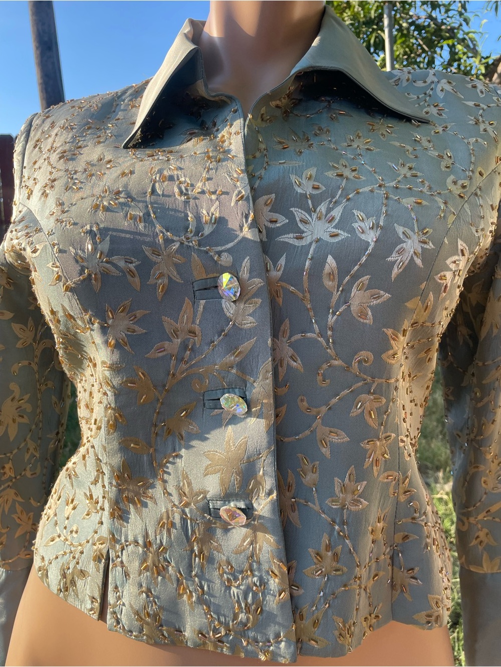 JS Collections Sage Green Satin Button-Front Embroidered Dress Top